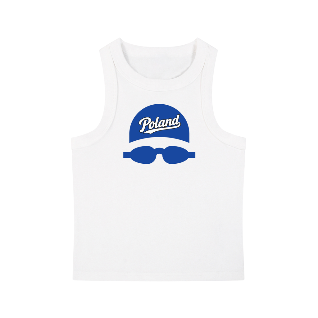 White tank top with blue graphic and 'Poland' text on a white background