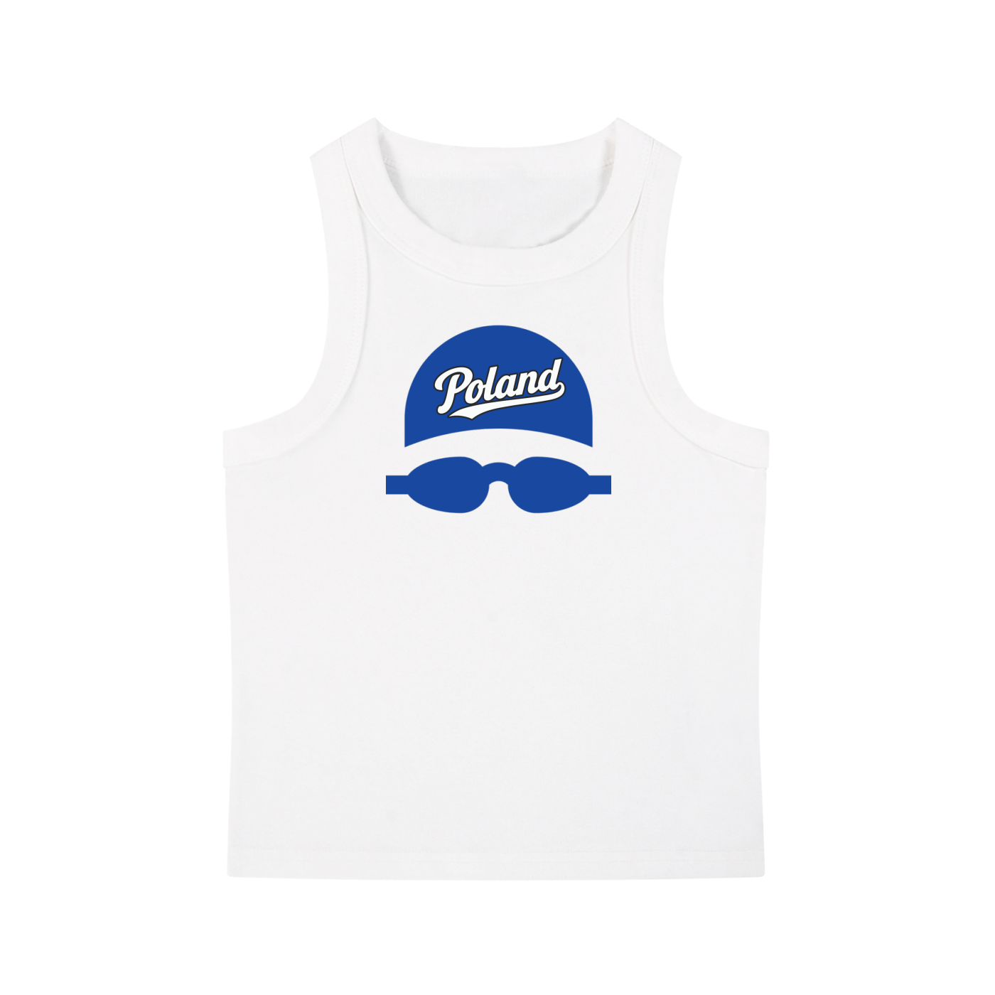 White tank top with blue graphic and 'Poland' text on a white background